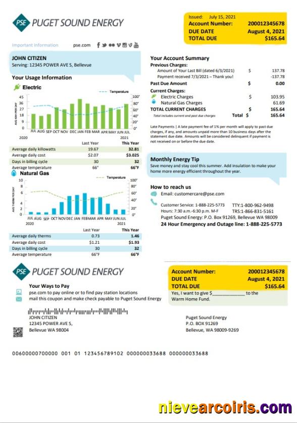 USA Washington Puget Sound Energy utility bill